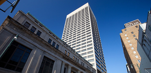 Upward view of contemporary high-rise building.